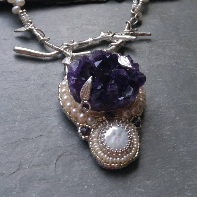 Hand Stitched Amethyst Druzy set in fine silver and pearls